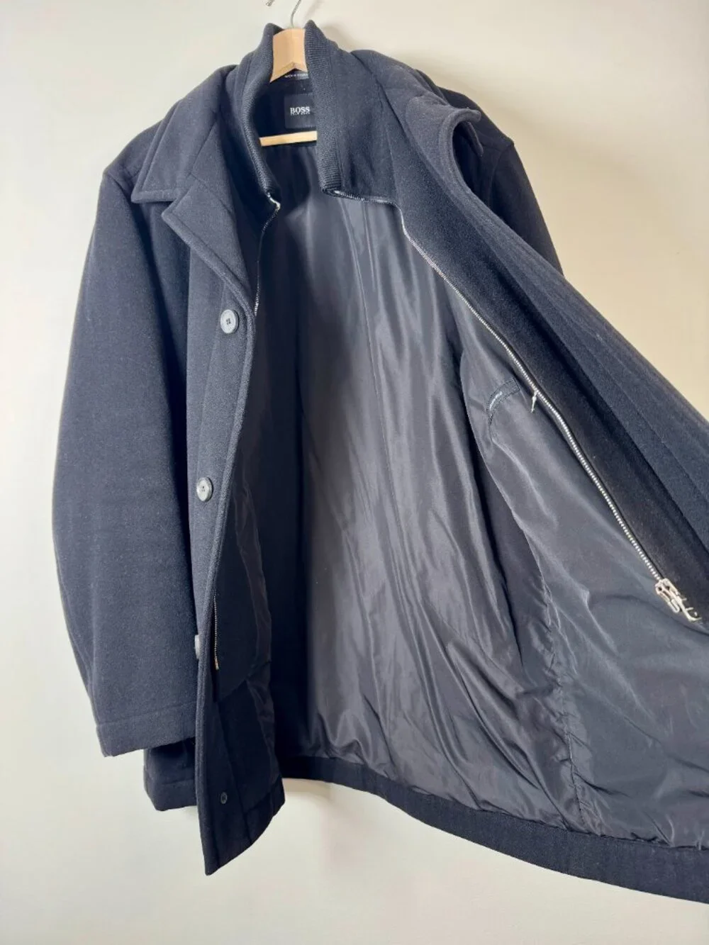 Hugo Boss Men's Coxtan Wool Cashmere Blend Black Coat with Knit Collar Sz L